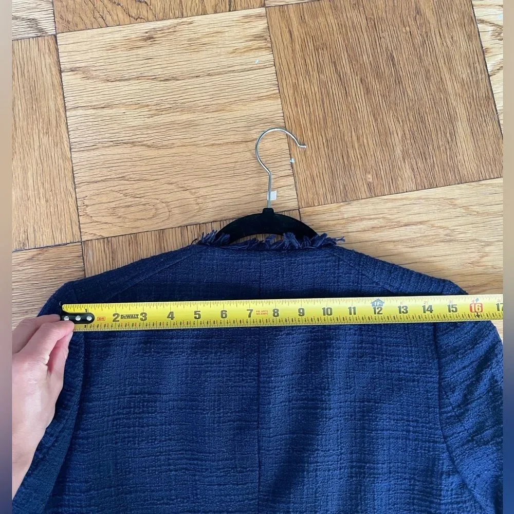 J Crew navy tweed moto-style jacket with 3/4 sleeves and frayed edges, Size 2P